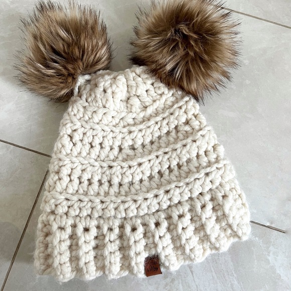 Chunky Knit Hat with Double Fur Poms - Picture 2 of 3